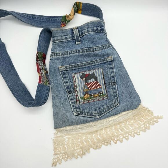 Custom Handmade Denim Grannycore Quiltwork Patch Lace Shoulder Bag Boho Hippie - Picture 7 of 11